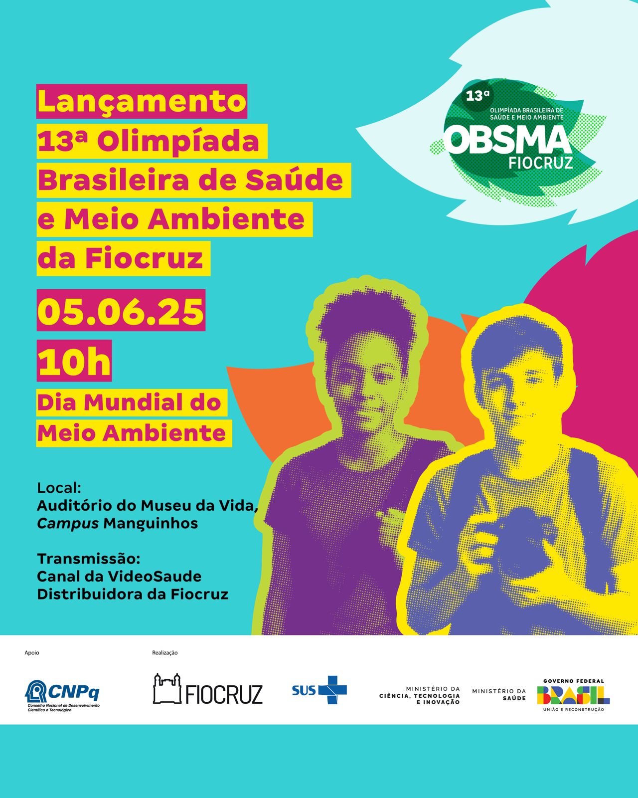 Card lançamento da 13a Obsma Card com fundo azul e informações em destaque sobre o lançamento da 13a Obsma, dia 5/6, às 10 horas, no Museu da Vida, no Rio de Janeiro