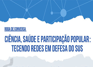 Roda de conversa Ciência, Saúde e Participação Popular: Tecendo Redes em Defesa do SUS. Na arte, um fundo azul ilustra um padrão de rede interligada. Roda de conversa Ciência, Saúde e Participação Popular: Tecendo Redes em Defesa do SUS. Na arte, um fundo azul ilustra um padrão de rede interligada.
