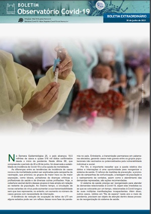 Capa do boletim mostra pessoas na fila de vacinação