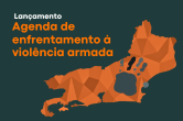Lançamento da Agenda de Enfrentamento à Violência Armada no Rio de Janeiro. Na imagem, o mapa do rio de janeiro na cor laranja com um borrão de mão cinza marcado no mapa.