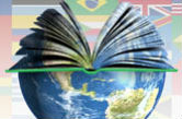 Globo terrestre em formato de livro com bandeiras ao fundo