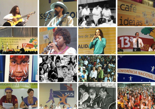Mosaico com fotos de várias conferências de saúde e eventos preparatórios