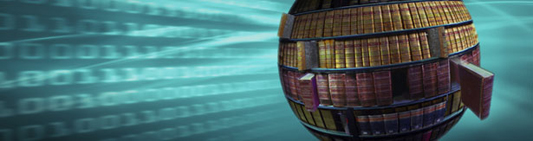 Livros em prateleiras em formato de globo