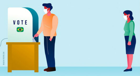 Desenho de duas pessoas na fila de votação