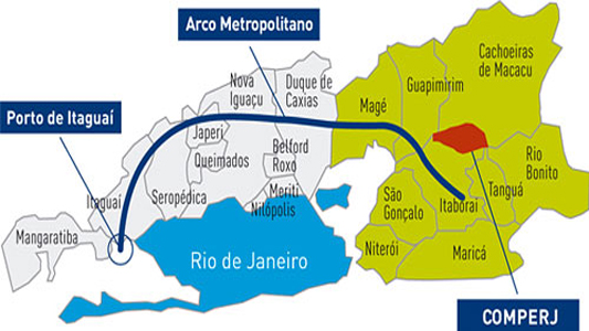 Ilustração que mostra o mapa do Comperj