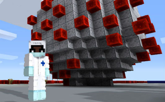 Boneco do minecraft vestido de pesquisador