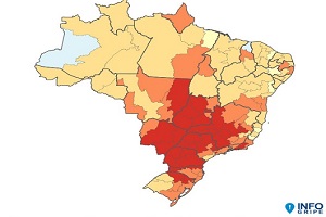 Mapa do Brasil com escala de cores para ilustrar maior ou menor intensidade de casos de Covid-19 nos estados brasileiros