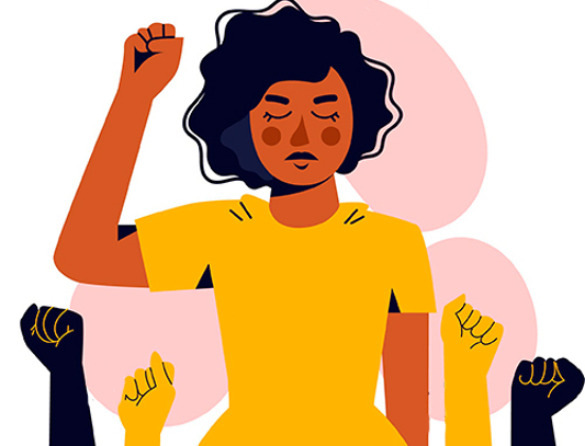 Desenho de uma mulher negra com a mão levantada