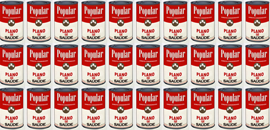 Latas como as de sopa campbell, mas com a inscrição 'plano de saúde popular'