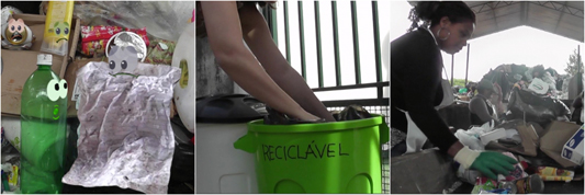 Pessoa jogando lixo reciclável no lugar correta