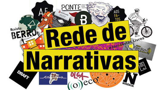 Várias ilustrações numa espécie de nuvem, com os dizeres rede de narrativas na frente