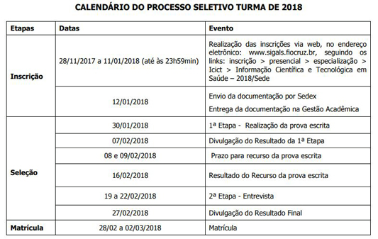Calendário do processo seletivo