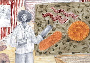 Desenho de mulher com cabelo afro dando palestra sobre vírus e bactérias