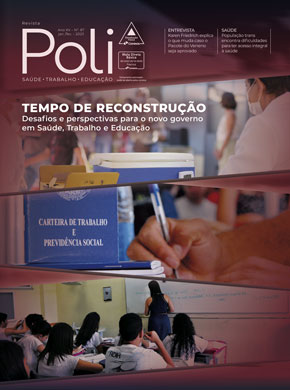 Capa da poli reúne três fotos, uma de adolescentes na sala de aula, outra de uma pessoa assinando um contrato de trabalho ao lado da carteira de trabalho e o interior de um hospital