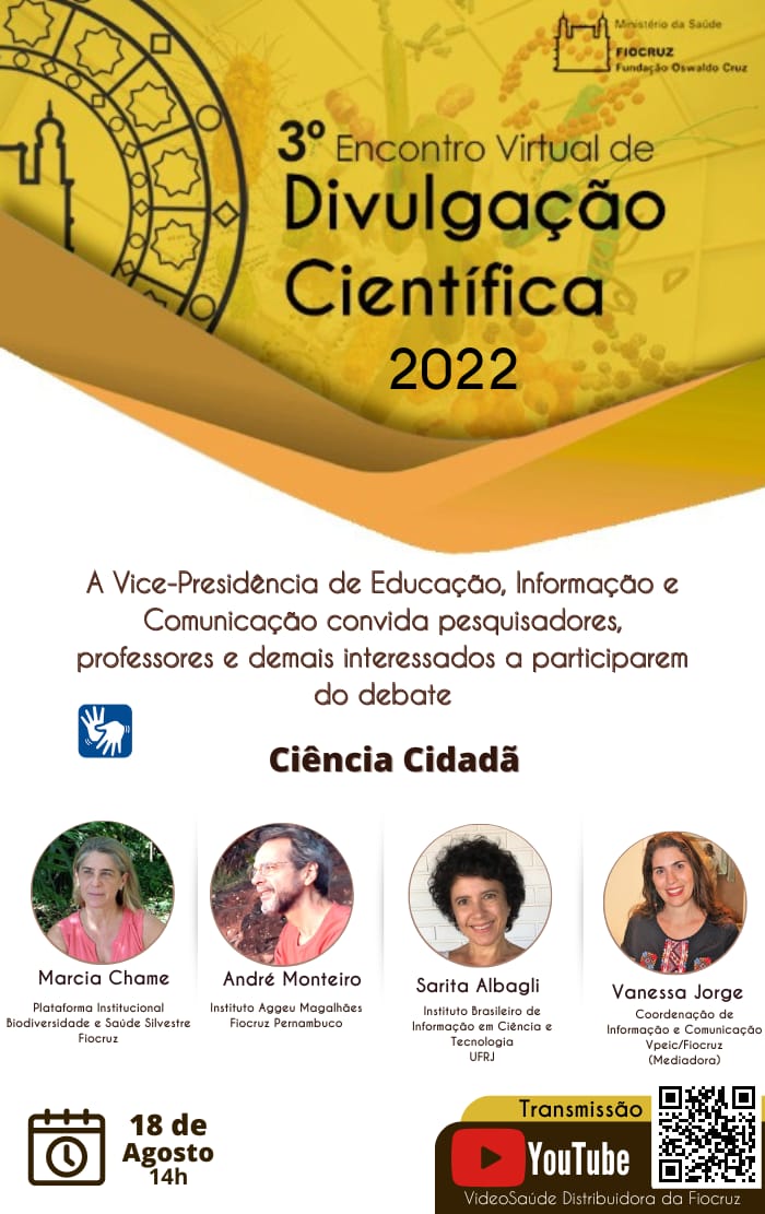 Texto em cor preta: 3º Encontro Virtual de Divulgação Cientifica 2022 em fundo mostarda com ícone do castelo da Fiocruz em preto e logomarca da Fiocruz também em preto no topo direito.