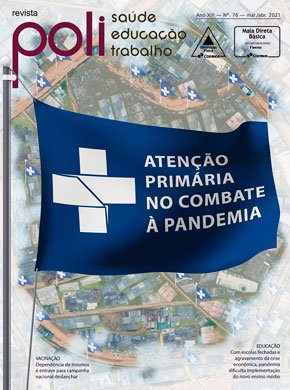 Capa da revista Poli traz uma bandeira com o símbolo do SUS e a frase atenção primária no combate à pandemia