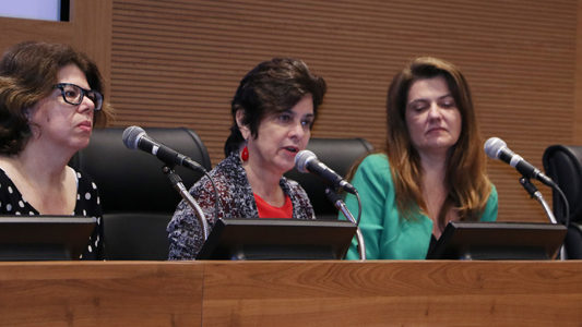 Foto da mesa de abertura, com Andréa da Luz, Nísia Trindade Lima e Isabela Delgado em destaque