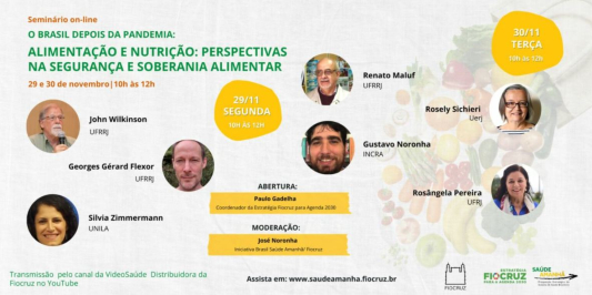 Alimentação e Nutrição: perspectivas na segurança e soberania alimentar. A imagem traz também o rosto dos palestrantes, data e horário do evento