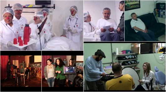 Médicos atendendo pacientes com nariz de palhaço