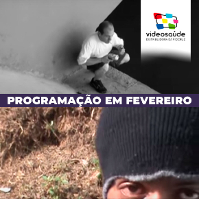 Foto de um homem agachado fumando crack e de um homem de touca 