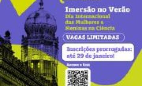 #ParaTodosVerem Banner com fundo roxo, no topo está escrito: Fiocruz, mulheres e meninas na ciência. Imersão no verão, Dia Internacional das Mulheres e Meninas na Ciência. Vagas limitadas. Inscrições prorrogadas: até 29 de janeiro! No canto esquerdo inferior, a figura da Torre do Castelo Mourisco Fiocruz. 