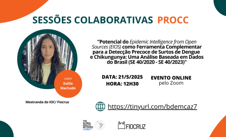 Próxima sessão colaborativa do PROCC discute vigilância digital e detecção precoce de surtos de dengue e Chikungunya Card com fundo branco e detalhes em verde e laranja divulga a Sessão Colaborativa PROCC com Dalila Machado, mestranda do IOC/Fiocruz. O tema é o uso da plataforma EIOS na detecção precoce de surtos de dengue e chikungunya. O evento online ocorre em 21/5/2025, às 12h30, via Zoom. Link: https://tinyurl.com/bdemcaz7. Logomarcas da TGHN LAC e Fiocruz ao final.