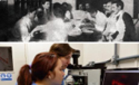 IOC surgiu nas instalações de uma fazenda desapropriada (Imagem: IOC) Montage reunindo duas fotos, a de cima com pesquisadores antigos e a de baixo com atuais