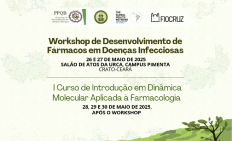 Unidades da Fiocruz reúnem representantes no Cariri para falar sobre fármacos e dinâmica molecular Card com fundo claro e ilustrações estilizadas de natureza e moléculas. No topo, aparecem os logotipos das instituições organizadoras: PPQB, URCA, The Global Health Network LAC, e Fiocruz. Texto central: Workshop de Desenvolvimento de Fármacos em Doenças Infecciosas 26 e 27 de maio de 2025, Salão de Atos da URCA, Campus Pimenta – Crato, Ceará Abaixo, em verde: I Curso de Introdução em Dinâmica Molecular Aplicada à Farmacologia 28, 29 e 30 de maio de 2025, após o workshop