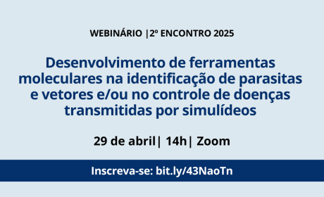 PROCC promove webinário sobre biologia molecular no controle de doenças tropicais Banner digital com fundo azul claro e ilustração de uma paisagem com colinas verdes e uma árvore no canto inferior direito. No topo da imagem, há os logotipos dos organizadores: Clube de Pesquisa em Doenças Infecciosas, PPQB, URCA, The Global Health Network América Latina e Caribe e Fiocruz. Ao centro, o texto em destaque informa: “WEBINÁRIO | 2º ENCONTRO 2025. Desenvolvimento de ferramentas moleculares na identificação de parasitas e vetores e/ou no controle de doenças transmitidas por simulídeos”.