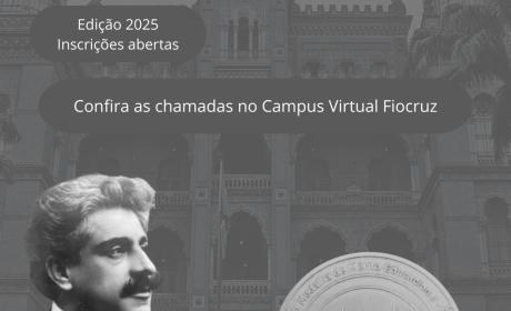 Imagem em preto e branco, com a foto de Oswaldo Cruz à esquerda e a Medalha de Mérito Educacional à esquerda.