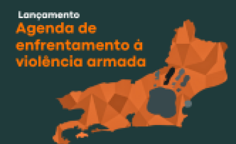 Lançamento da Agenda de Enfrentamento à Violência Armada no Rio de Janeiro Lançamento da Agenda de Enfrentamento à Violência Armada no Rio de Janeiro. Na imagem, o mapa do rio de janeiro na cor laranja com um borrão de mão cinza marcado no mapa.