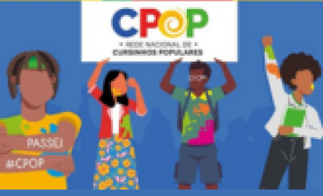 Rede Nacional de Cursinhos Populares (CPOP) Rede Nacional de Cursinhos Populares (CPOP). Na imagem de fundo azul, uma ilustração de quatro pessoas estão comemorando com livros e dizeres "PASSEI CPOP".