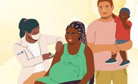 Imagem: Divulgação Desenho de uma mulher sendo atendida por uma médica. Seu marido e filho observam ao fundo