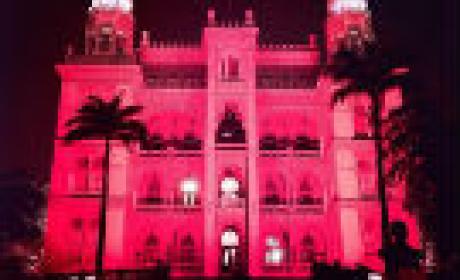 Foto: Peter Iliciev Fachada do castelo Fiocruz iluminado de rosa