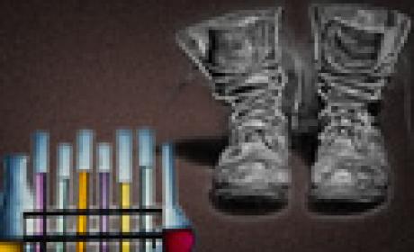 Fotomontagem: Luciana Baptista/Portal Fiocruz botas ao lado de tubos de ensaio