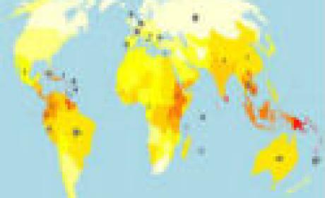 Mapa mundi com indicação dos locais da leptospirose no mundo