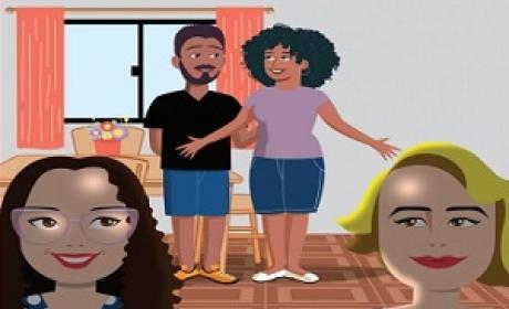 Imagem: recorte da capa da cartilha Desenho de uma família de quatro pessoas sorrindo dentro de uma casa