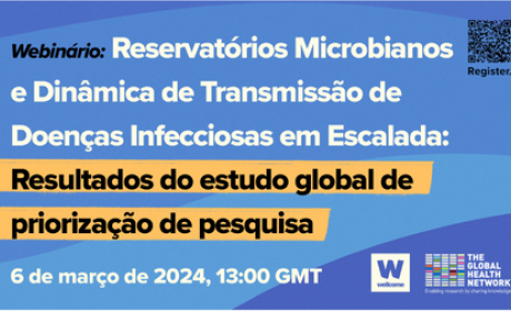 Webinário sobre resultados de estudo global de priorização de pesquisa Imagem em fundo azul com texto escrito Webinário: Reservatórios Microbianos e Dinâmica de Transmissáo de Doenças Infecciosas em Escalada: Resultados do estudo global de priorização de pesquisa. 6 de março de 2024, 13:00 GMT