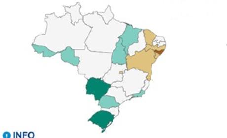 Mapa do Brasil indicando os locais com mais casos de SRAG por covid-19 no País