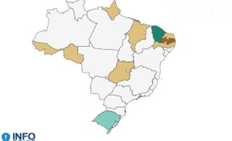 Mapa do Brasil indicando os locais com mais casos de SRAG