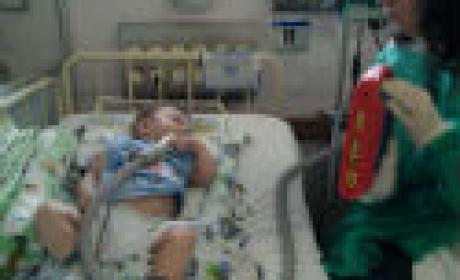 Foto: Instituto Fernandes Figueira/Fiocruz Um bebê, deitado num leito hospitalar, presta atenção numa educadora com um equipamento na mão