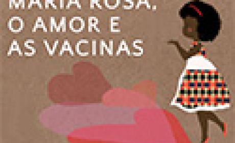 Desenho de uma menina negra de perfil. Ela está com tiara na cor vermelha no cabelo, vestido estampado e sapatilhas vermelhas. Diante dela há vários corações coloridos