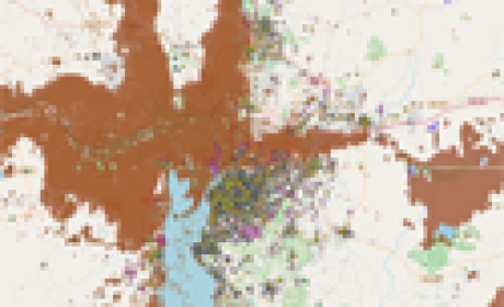 Mapa do Rio Grande do Sul destacando com pequenos pontos as áreas inundadas