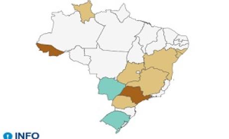 Mapa do Brasil indicando os locais com mais casos de SRAG