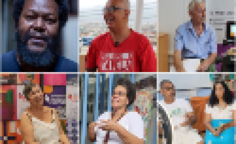 Mosaico com fotos dos rostos de sete pessoas entrevistadas