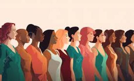 Imagem com fundo rosa, e uma fileira de mulheres de diversas etnias