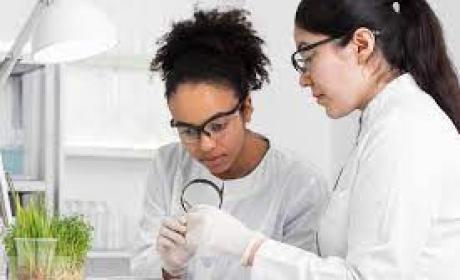 À esquerda uma mulher negra, de cabelos cacheados e presos, observando um experimento que uma mulher branca de cabelos logos e também presos, faz