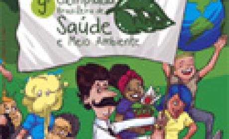 Desenho de Oswaldo Cruz balançando uma bandeira perto de adolescentes