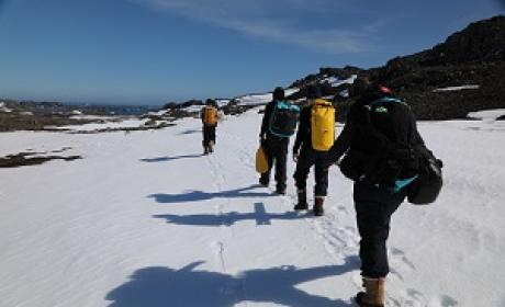 Pesquisadores caminhando na Antártica