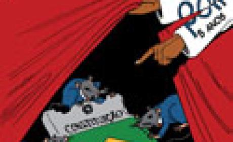 Reprodução de parte da capa Desenho: uma mão descortina um fundo onde ratos roem o volume da Constituição